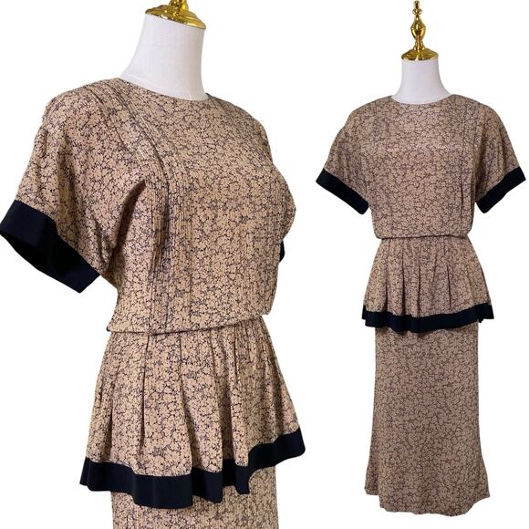 Vintage 80s Virgo II Tan & Black Floral Rayon Peplum Secretary Dress Size M - Picture 1 of 11